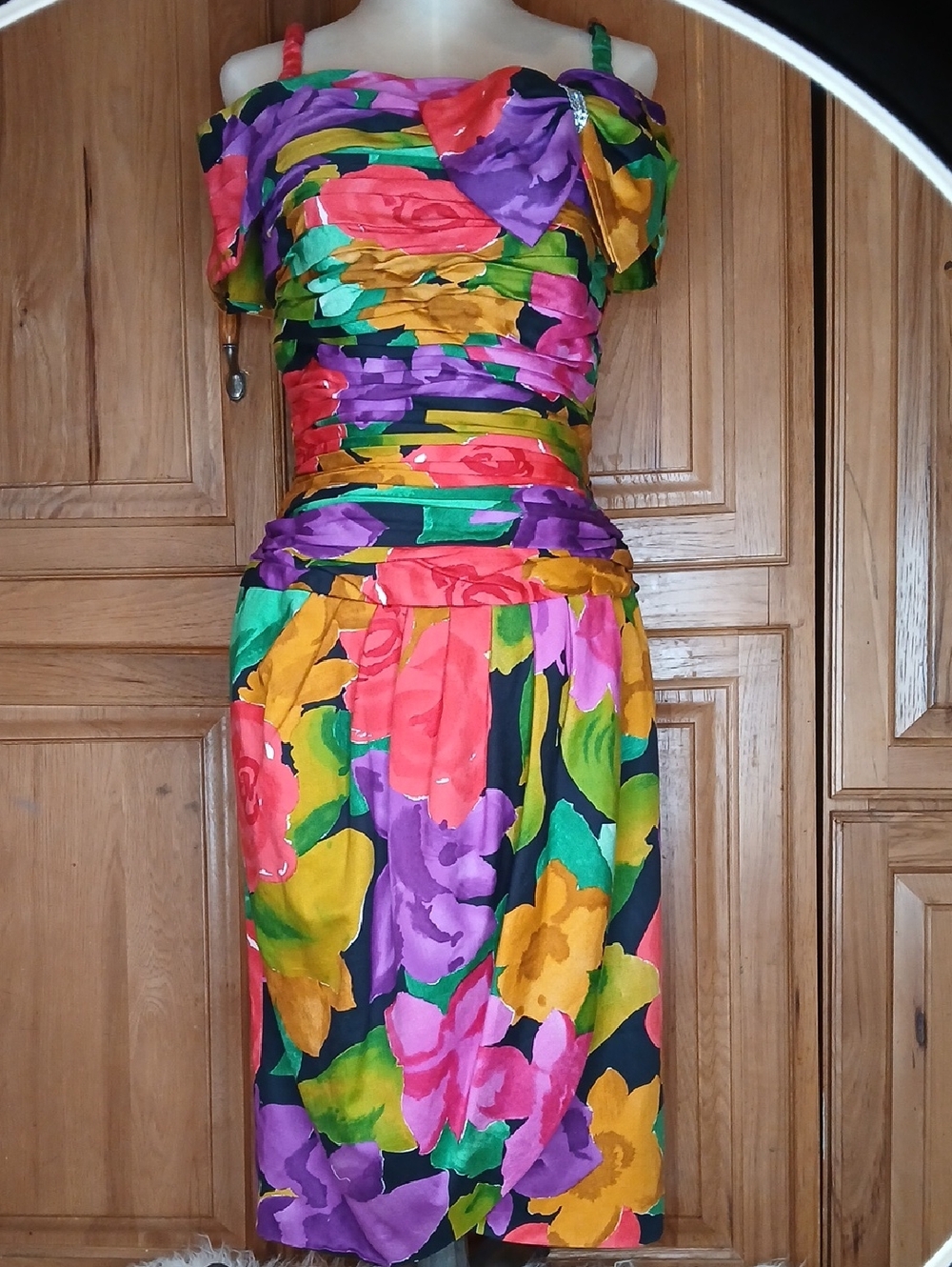 Joan Leslie Evening Vibrant Floral Midi Off Shoulder Dress Size 6